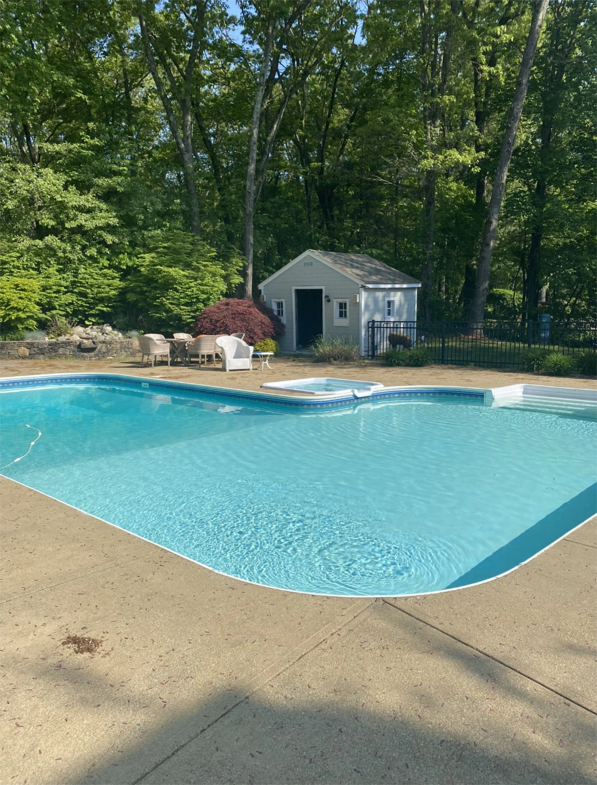 Swimming pool with patio, tables, and chairs near a small shed surrounded by trees.