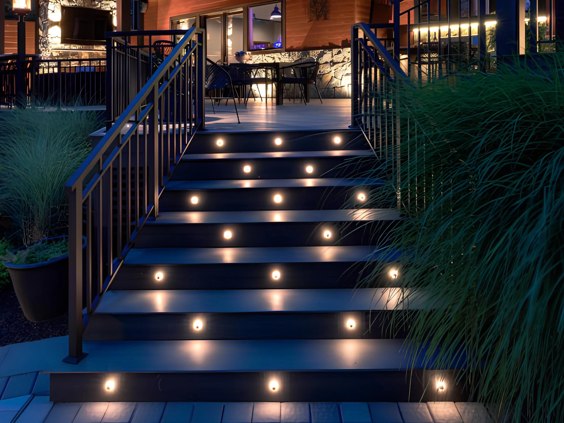 deck-lighting-in-stairs-steps-with-black-railing-and-outdoor-furniture-in-needham-ma