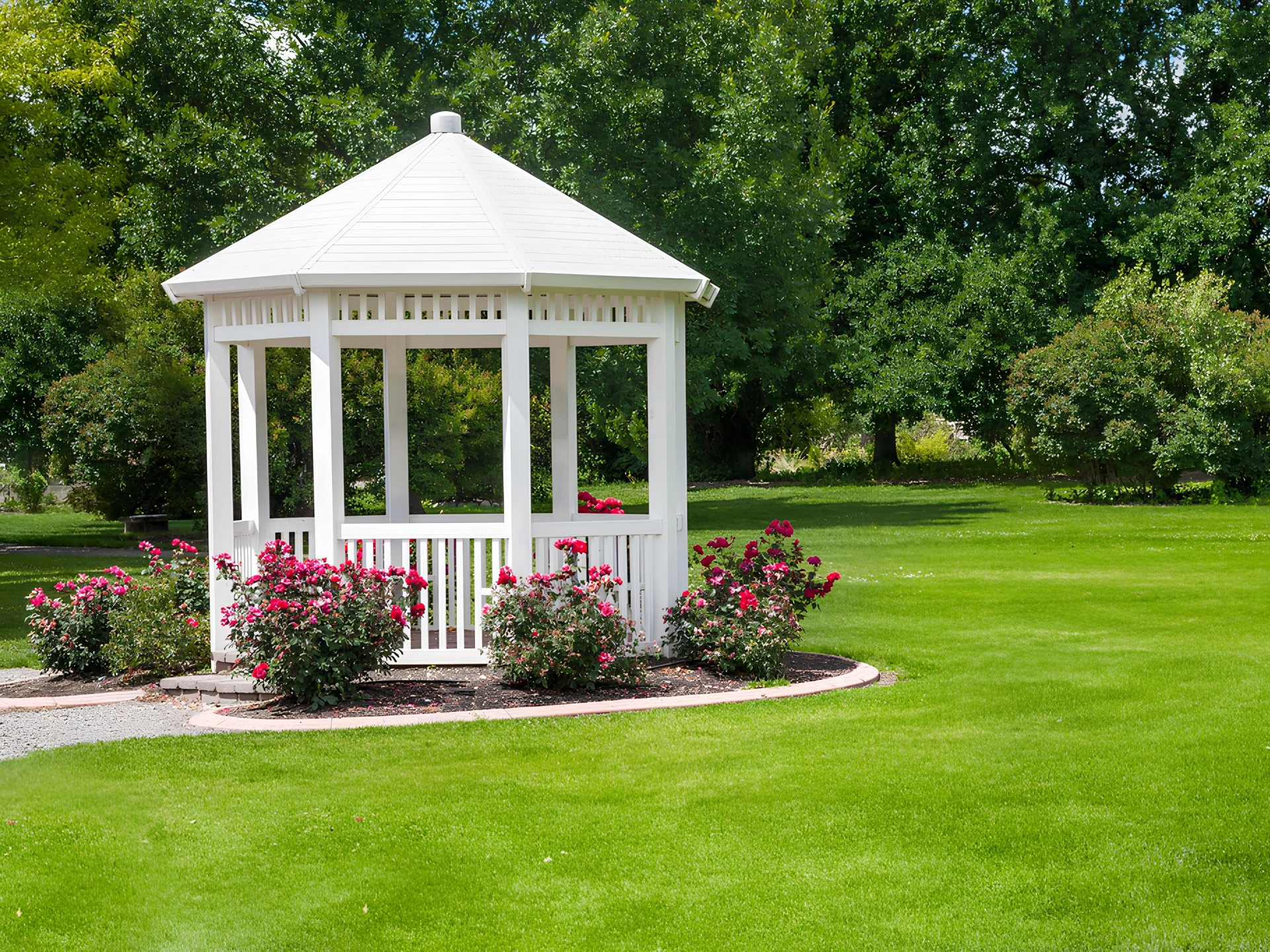 white-custom-gazebo-surrounded-by-beautiful=plants-featuring-nature-scenery-in-needham-ma